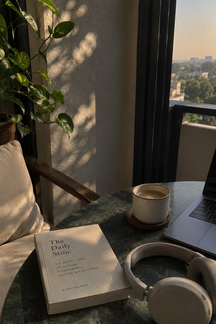 A book and espresso by a golden-hour window
